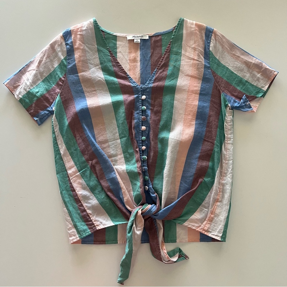 Madewell | Short-Sleeve Tie-Front Shirt | Size: XS | Linen-Blend |